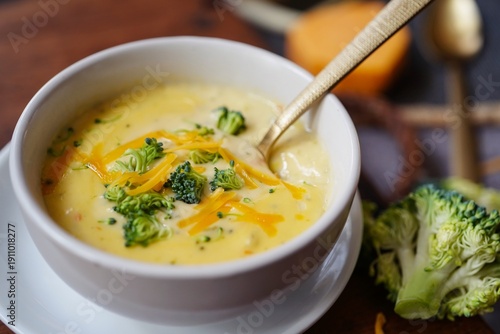 Homemade Cheddar Broccoli Soup served in a bowl, selective focus