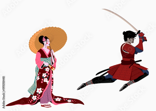 Japanese samurai jumping. Color vector flat cartoon illustration.