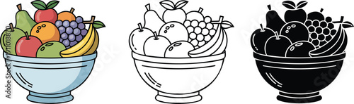 Fruit bowl silhouette & Outline and illustration set isolated on transparent background