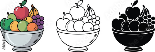 Fruit bowl silhouette & Outline and illustration set isolated on transparent background