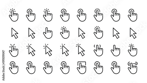 Set of 30 simple outline black and white line icons for cursor and clicking vector illustration