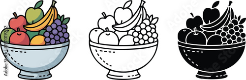 Fruit bowl silhouette & Outline and illustration set isolated on transparent background