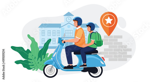 Two people wearing helmets ride a blue scooter in front of a school building. A location pin with a star suggests a destination. Greenery is visible.