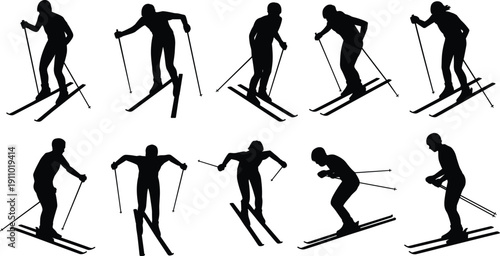 Vector, black, silhouette, set, of, professional, skiers, in, action, descending, slopes, for, winter, sports, mountain, adventure, skiing, competition, and, outdoor, recreation, design, elements