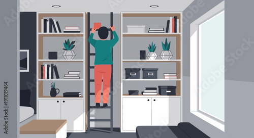 Illustration of a person reaching for items on high shelves in a compact, modern room with a ladder and organized storage.