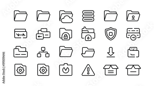 Information technology folder and database icons for secure data handling network structure and digital archive app