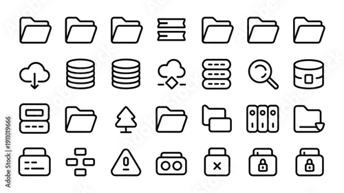 Data architecture and web hosting service outline icons for computer programming software engineering and server ops