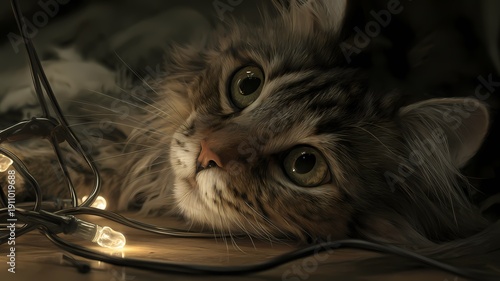 Eine hübsche Katze die neben einer Lichterkette liegt.