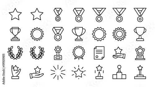 Set of 24 award, star, medal, trophy, certificate, and laurel wreath outline icons for achievement