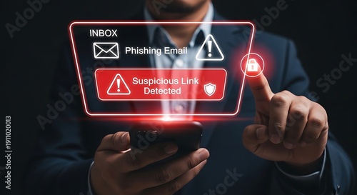 Mans hand touching glowing digital interface detecting phishing email and suspicious link danger