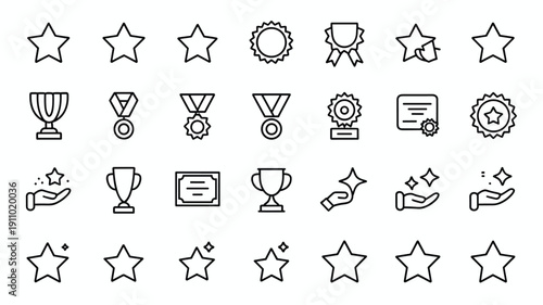 Achievement icon set including trophies medals awards stars and certificates for winner recognition vector collection