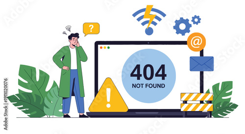 Illustration of a confused person beside a laptop displaying a "404 Not Found" error. Icons suggest connectivity issues. Leaves and warning signs add context.