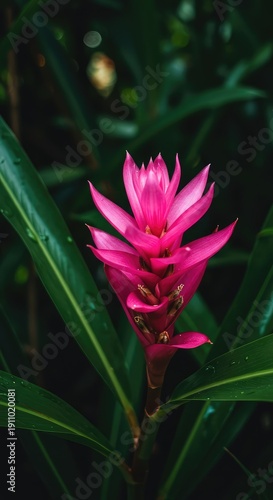 Close-up macro photograph of a striking vibrant pink tropical blossom blooming amidst dense, textured green jungle foliage under natural light ,Flower ,growth ,summer