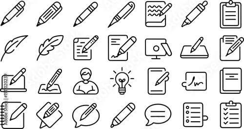 Professional writing icons set in line style including pens pencils feathers notes and digital tablet documents too