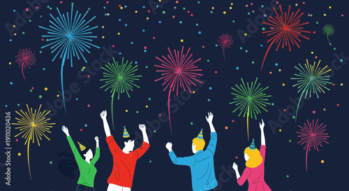 Joyful Celebration With Diverse People Watching Fireworks On Festive Night