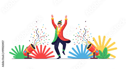 Joyful Celebration With Confetti Bursting From Poppers and Festive Person