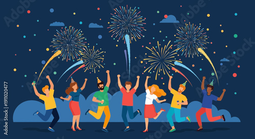 Joyful Celebration With Fireworks And Cheerful People