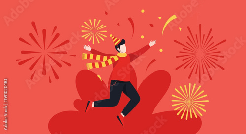 Joyful Celebration With Fireworks And Confetti Background
