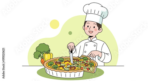 Joyful Chef Slicing Fresh Vegetable Quiche Culinary Delight