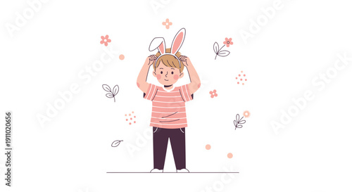 Joyful Child Adorned With Bunny Ears Surrounded By Delicate Spring Blossoms