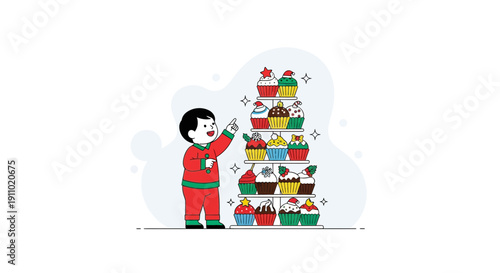 Joyful Child Anticipating Festive Cupcakes Christmas Celebration Illustration