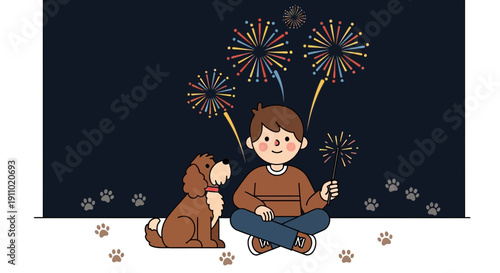 Joyful Child And Dog Celebrate With Fireworks And Sparklers
