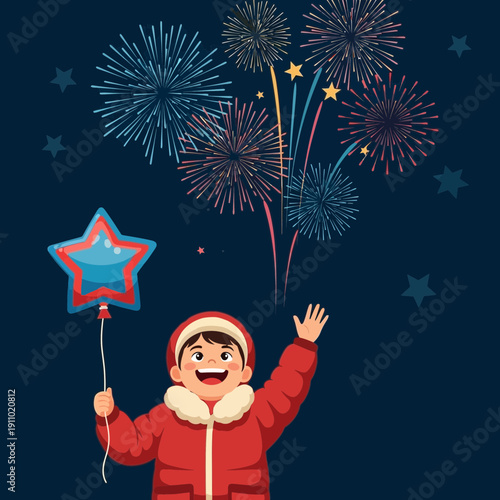 Joyful Child Celebrates With Star Balloon Under Fireworks Display