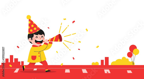 Joyful Child Celebrates With Party Blower And Confetti Festive