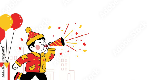 Joyful Child Celebrates With Festive Party Horn and Balloons Outdoors