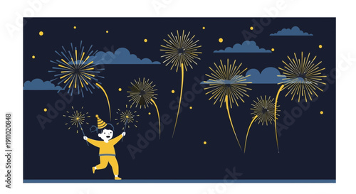 Joyful Child Celebrating Fireworks Under Night Sky With Sparklers