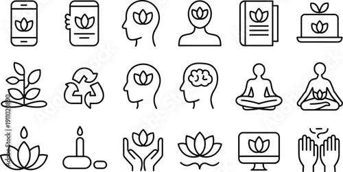 Minimalist meditation and mindfulness line icon set with lotus flower symbols for wellness and mental health design