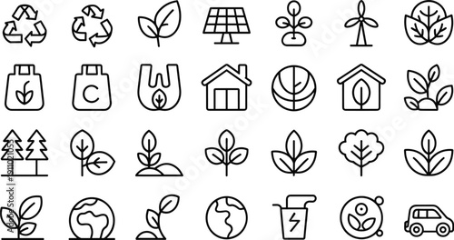 Eco friendly and green environment icons set on transparent background, nature, recycle, plant, energy