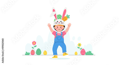 Joyful Child Dressed As A Bunny Celebrates Easter With Colorful Eggs