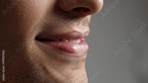 Faint smile detail. Side-lit close-up of a persons mouth only, showing a faint smile with relaxed lips.