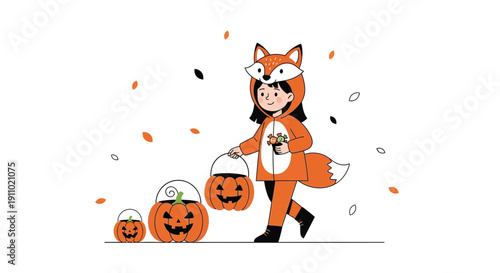 Joyful Child Dressed As Fox With Pumpkin Buckets For Halloween Trick Or Treating