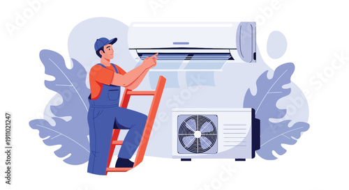 An illustrated technician in blue overalls and cap stands on a ladder, adjusting a wall-mounted air conditioner. A large fan unit is visible below. The background is decorated with abstract leaves. Th