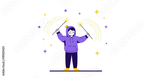 Joyful Child Holding Sparklers Amidst Festive Stars