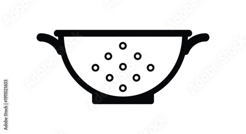 A simple black and white line drawing depicts a kitchen colander with circular perforations for draining high quality