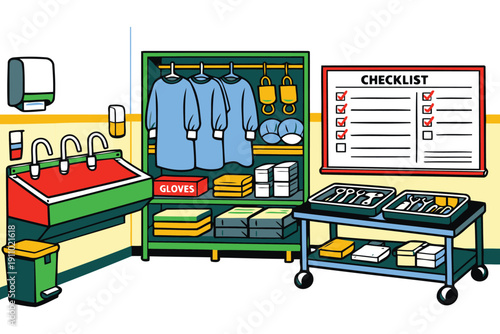 medical scrub room with surgical supplies and checklist