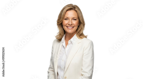 Smiling mature businesswoman in white blazer and collared shirt, professional headshot isolated PNG with Transparent Background