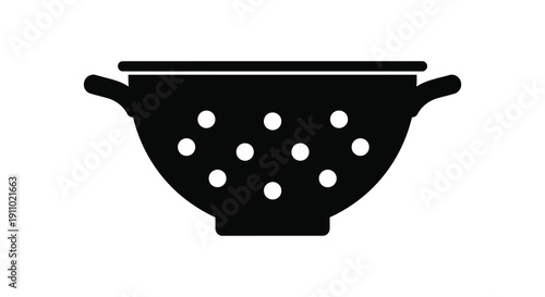 A simple black and white illustration depicts a rounded bowl filled with white polka dots featuring handles