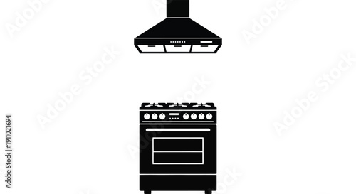 A minimalist black and white illustration depicts a kitchen range hood and stove combination high quality professional detailed modern elegant