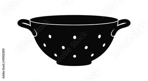 A simple black and white illustration depicts a rounded colander with two handles and perforated design high quality