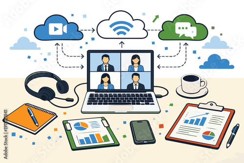 online team meeting via video conference on laptop