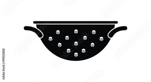 A simple black and white illustration depicting a round cooking pot with two handles and contents within