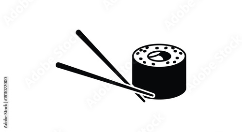 A simple black and white illustration depicts a single piece of sushi with chopsticks ready for consumption
