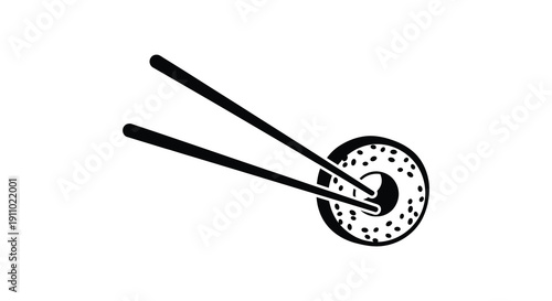 A simple black and white illustration depicts a pair of chopsticks poised above a circular sushi roll