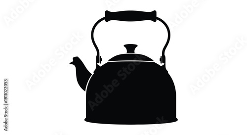 A simple black silhouette depicts a vintage metal teapot with a curved handle and spout high quality professional