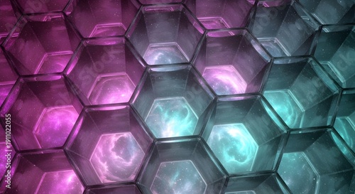 Abstract Transparent Glass Hexagon Grid Background with Pink and Blue Light