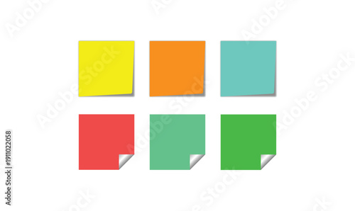 Realistic vector set of multicolor sticky notes isolated on a white background. Collection of bright post-it notes with soft shadows and slightly curled corners.